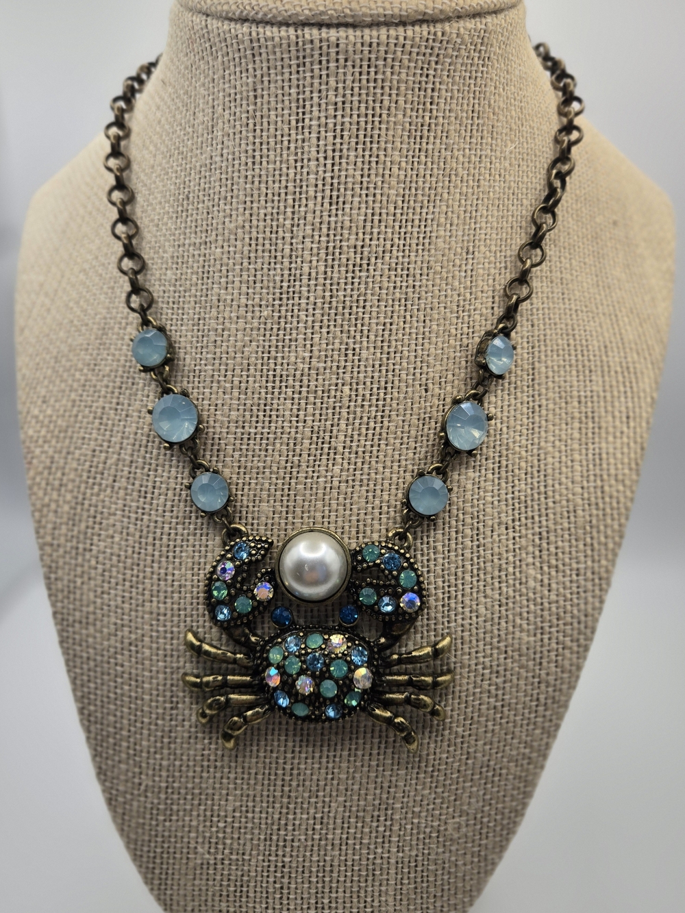 Betsey Johnson Blue Crystal Crab Necklace Faux Pearl Antique Gold Nautical READ